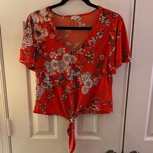 Lily White Red Floral Tie-Front Blouse